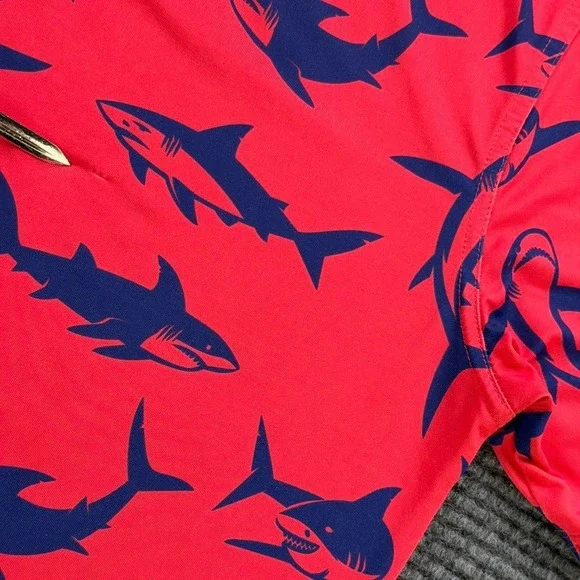 Waggle Golf Polo Shirt Mens Small Red Navy Blue Shark Print Performance Stretch - Picture 6 of 11